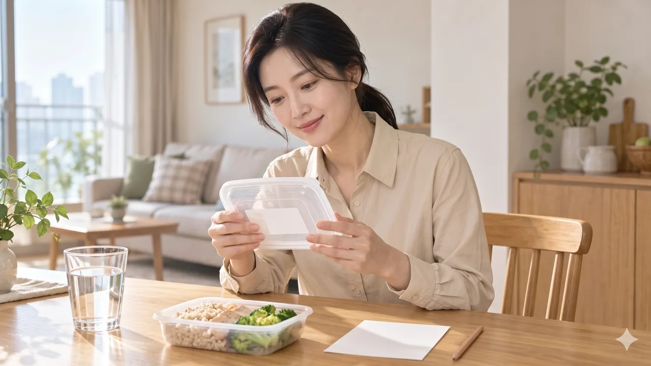 베이지 긴팔 셔츠를 입고 낮게 묶은 머리의 여성이 오크 식탁에서 투명 도시락 용기를 들고 살펴보는 모습