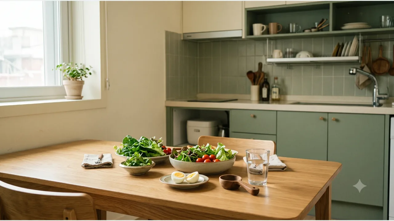 A vegetable salad bowl, boiled eggs, a glass of water, and wooden measuring spoons on an oak table in a sunlit small-apartment kitchen