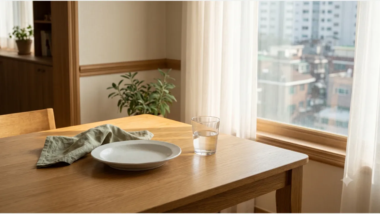 An empty white plate, a glass of water, and a linen napkin on an oak table by a window in the morning sun