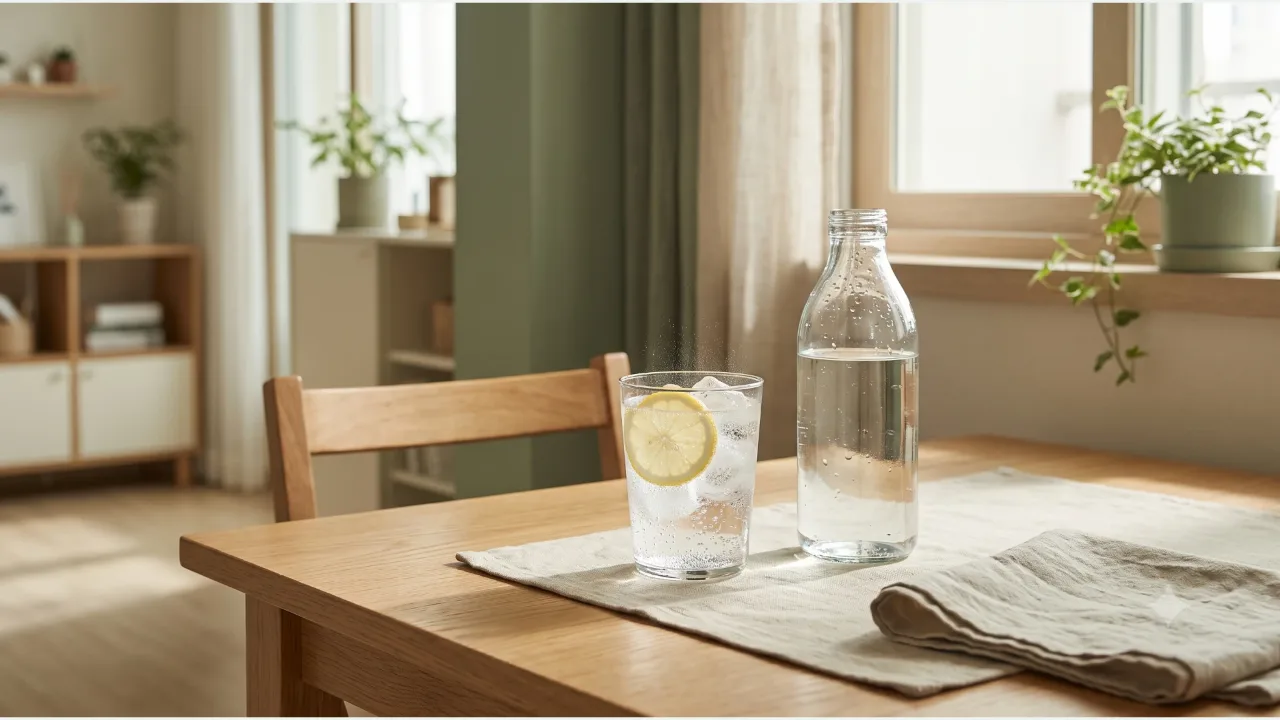 On an oak table by a window, a glass with ice and lemon slices and an unlabeled glass bottle sit on a linen mat